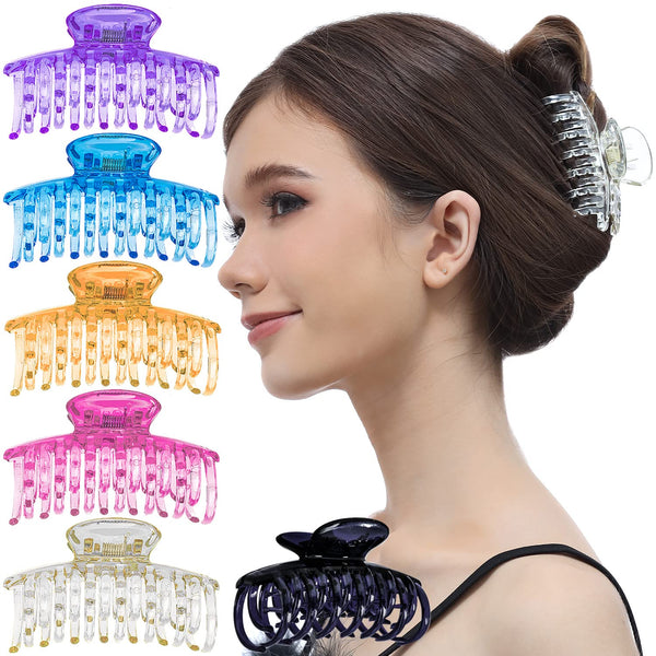 RC ROCHE ORNAMENT 6 Pcs Women's Classic Double Multi Layer Hair Claw - Interlocking Strong Hold, Medium Transparent