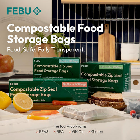 Pack, 260 Count 90 90 50 30 FEBU Compostable Food Storage Bags Variety | Compostable & Biodegradable | PFAS & BPA Free