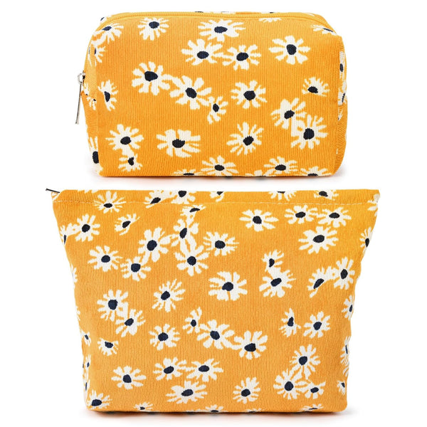 2 Pieces Little Flower Makeup Bag, Large Capacity Canvas Travel Toiletry Organizer for Women