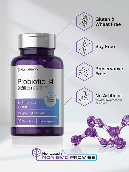 Horbaach Probiotics for Women & Men | 9 Billion CFU | 90 Capsules | 14 Strains | Non-GMO & Gluten Free