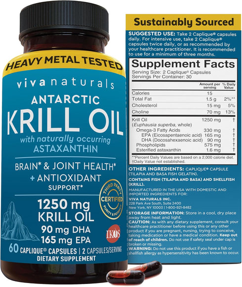 Viva Naturals Antarctic Krill Oil Omega 3 Fatty Acid Supplements - 1250 mg for Brain, Joint Health & Antioxidant