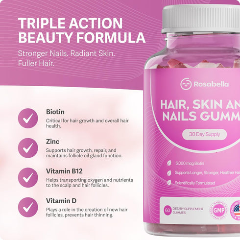 Gummies Gummies 5000mcg Gummy 60 Count Rosabella Hair Growth for Women & Men Vegan Hair with Biotin Hair Vitamins