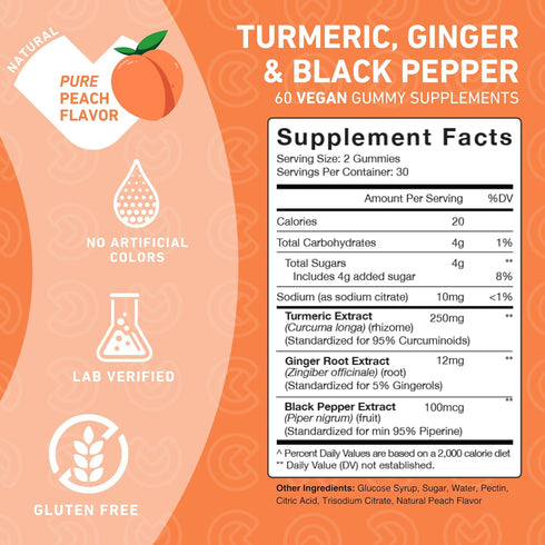 Turmeric Ginger & Black Pepper Gummies for Joint Health, Delicious Peach Flavor, Gluten Free, Vegan, 60 Gummies.