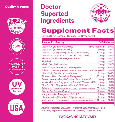 Pink Stork Total Women's Multivitamin - Supports Hair, Skin, Nails, Bone Health & Immune System - 30 Capsules