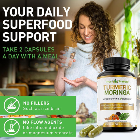 Turmeric Moringa Organic Turmeric Curcumin and Moringa Powder, 120 Veggie Capsules