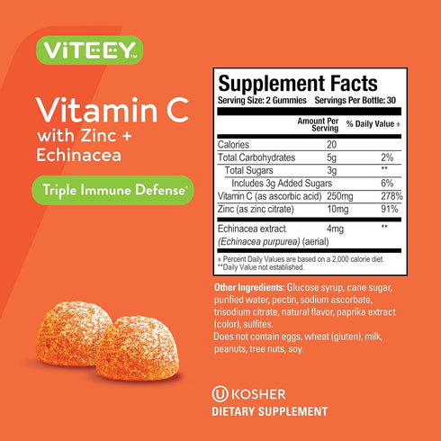 Viteey Vitamin C Gummies for Adults & Teens with Zinc & Echinacea - Vegan, Gelatin Free, Gluten Free, GMO Free, Tasty