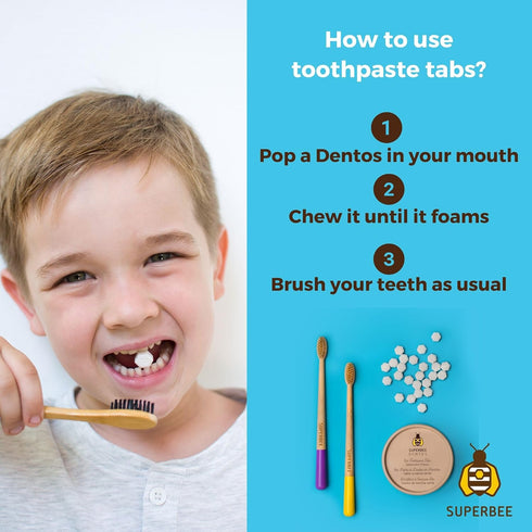 SuperBee Dentos Toothpaste Tablets, 14 Fluoride Free & Eco Friendly Chewable Toothpaste Tabs for Kids and Adults