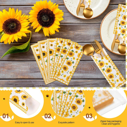 100 Pieces Silverware Bags, Sunflower Party Supplies Wedding Silverware Sleeves, Disposable Cutlery Holder