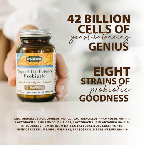 Flora Super 8 Hi-Potency Probiotic, Daily Gut & Digestive Health, 42 Billion CFU, 60 Capsules, Keep Chilled