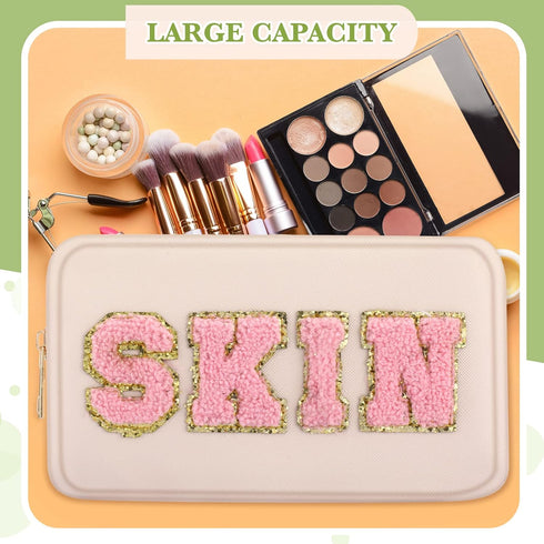 Sanwuta 4 Pcs Chenille Bag Preppy Patch Makeup Bag, Waterproof Portable Pouch in Beige, Khaki, Pink, Nude Pink