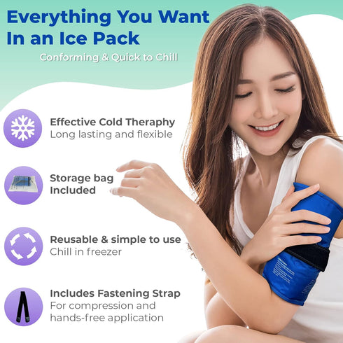 Rectangle Gel Pad for Arm, Leg, Knee, and Back - 15''x11'' Reusable Gel Ice Pack with Elastic Fastener for Hands-Free Application - Cold Packs for Post-Surgery or Sport Injuries - 1 Pack Blue