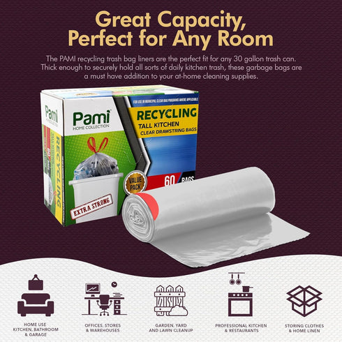 PAMI Recycling Tall 13-Gallon Kitchen Drawstring Trash Bags, Clear, 60 Pack, Extra-Strong Plastic Liners