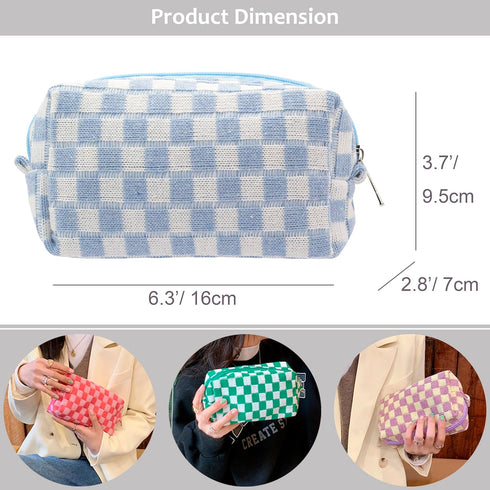 PAZIMIIK Checkered Makeup Bag for Purse, Portable Zipper Cosmetic Case for Travel Accessories (Blue)