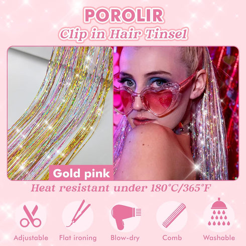 POROLIR Clip in Hair Tinsel Kit, 6Pcs 20 Inch Glitter Fairy Hair Extensions, Heat Resistant Sparkly Strands (Gold Pink)