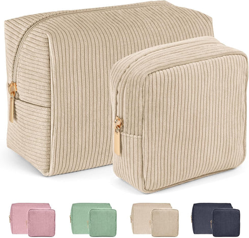 MAGEFY 2 Pcs Corduroy Makeup Bag, Small Travel Pouch with Slip-in Pockets for Women (Beige)