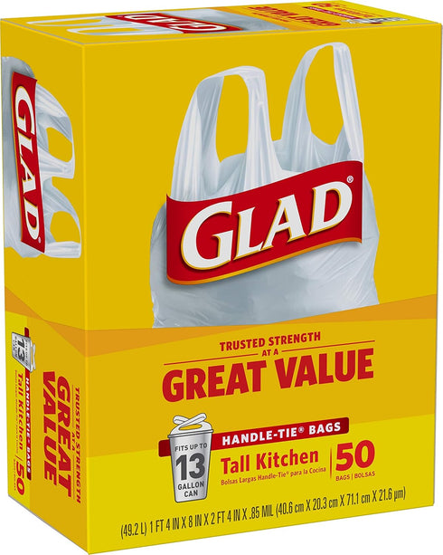 Glad Trash Bags, 13 Gallon White Handle-Tie Garbage Bags, 50 Count (Package May Vary)