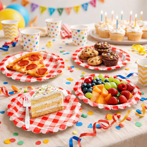 sunepany 50 9 Inch, Pcs Red Paper Plates Gingham Scalloped Disposable Plates for Party Christmas Birthday BBQ