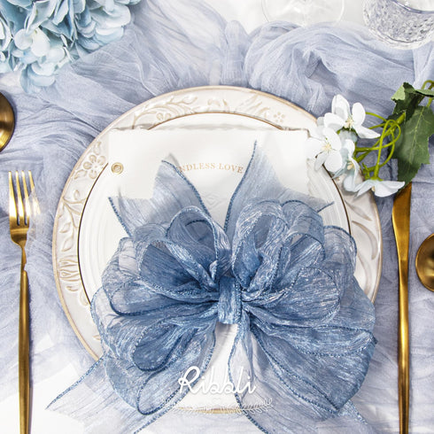 Ribbli Dusty Blue Crinkled Wired Ribbon, 2.5 Inch with Metallic Wavy for Christmas Tree Topper, Gift Wrapping