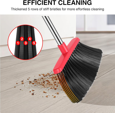 Broom and Dustpan Set, 52-in Long Adjustable Handle Broom with Dustpan Teeth for Home Kitchen Office Floor (Black&Red)