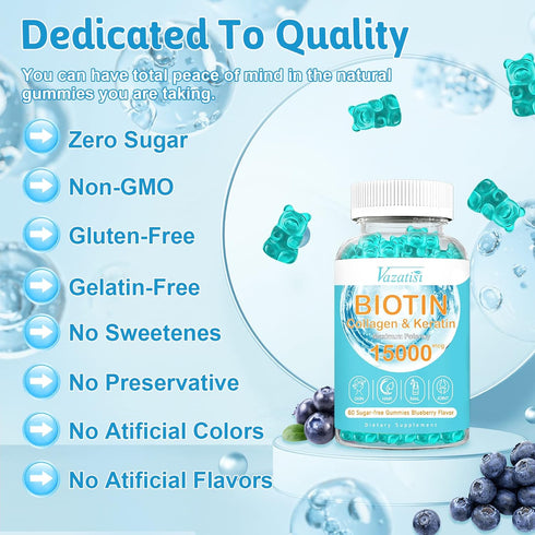 Hair Skin Nail Vitamins Gummies Supplement - 15000mcg Biotin with Collagen, 120 Ct, Sugar Free