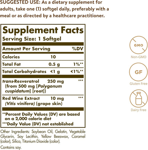 Solgar Resveratrol with Red Wine Extract, 250 mg, 60 Softgels - Non-GMO, Gluten Free, Dairy Free
