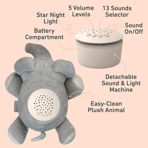 PureBaby Sound Sleepers Portable Sound Machine & Star Projector - Plush Sleep Aid for Baby, 10 Lullabies, Elephant