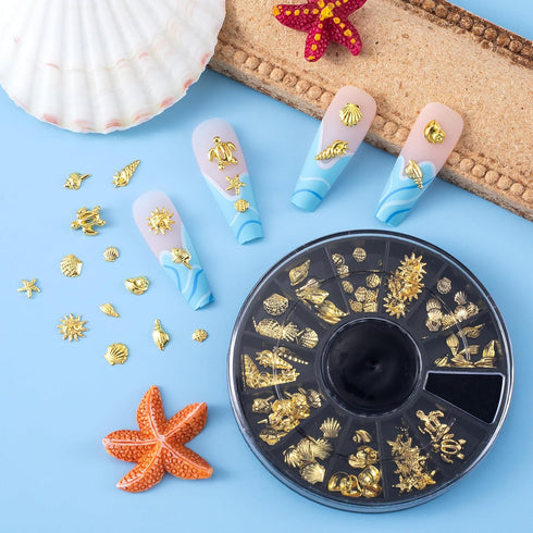 Ocean Theme Nail Art Charms - 3D Alloy Sea Beach Starfish Seashell Nail Gems Decoration Stickers, 12 Styles - Gold