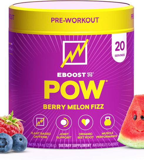 EBOOST POW Natural Pre Workout Powder - 20 Servings - Berry Melon Fizz - Pre Workout Supplement for Performance, Joint