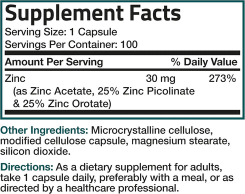 Bronson Zinc Triple Play 30 mg Immune Support Supplement with Zinc Acetate, Picolinate & Orotate - 100 Vegetarian