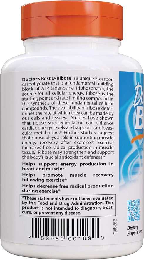 Doctor's Best D-Ribose with Bioenergy Ribose, Vegan Energy Enhancement, 120 Veggie Caps, White (DRB-00193)
