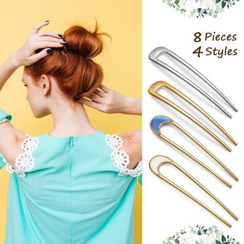 WILLBOND 8 Pieces French Hair Pin, Metal U Shaped Pins, 4 Inch Chignon Sticks for Women