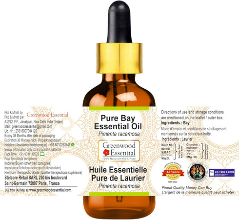 Pure Bay Essential Oil (Pimenta racemosa) with Glass Dropper, Steam Distilled, 30ml (1.01 oz)