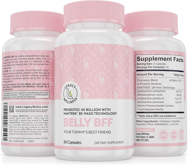 BELLY BFF Probiotic Supplement, 40 Billion CFU, 60 Vegan Capsules for Daily Gut Health Complex Support