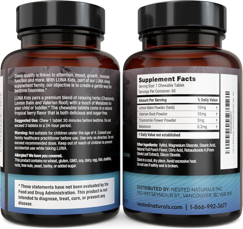LUNA Kids Sleep Aid Tablets, 60 Chewable Pills, Naturally Sourced Ingredients, Gentle Herbal Supplement for Children 4+
