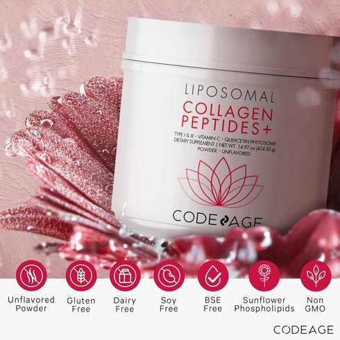 Codeage Liposomal Collagen Peptides Powder + Vitamin C & Quercetin Phytosome, Grass-Fed Hydrolyzed Collagen Type I &