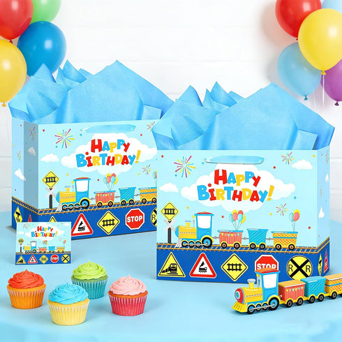 Wayyogh Train Birthday Gift Bag with Greeting Card Tissue Paper Large Train Birthday Wrapping Paper Bags Party Favor
