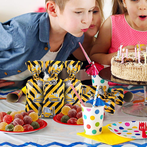 Gejoy 100 Pieces Construction Party Favor Bags, Truck Themed Candy Treat Gift Bags with Golden Twist Ties