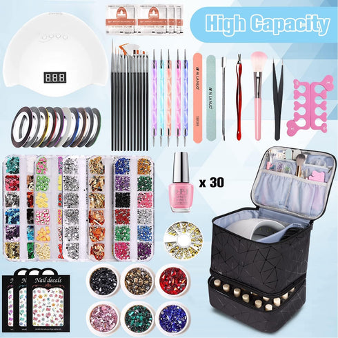 PU Leather Nail Polish Organizer and Nail Lamp Case, Nail Kit Organizer Holds 30+ Bottles (15ml - 0.5 fl.oz) and a Nail Lamp, Nail Polish Carrying Case with Manicure Tools Storage Sections