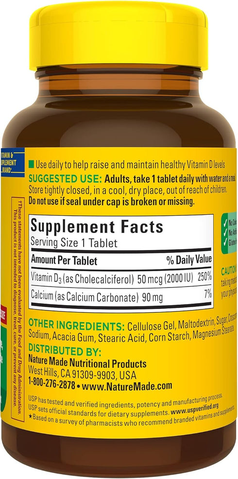 Nature Made Vitamin D3 2000 IU (50 mcg), 220 Tablets, Dietary Supplement for Bone, Teeth, Muscle, Immune Health
