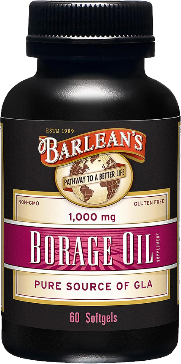 Barlean's Borage Oil Supplements, Cold Pressed Pure Borage Seed Oil Softgels, 1000 mg GLA Fatty Acids, 60 Count