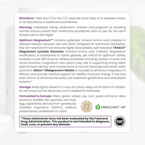 Optimum Magnesium Glycinate Capsules - Chelated Magnesium for Maximum Absorption, 240 Vegan Capsules