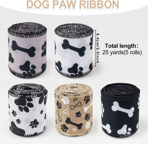 Dog Ribbon Paw Print Ribbon 5 Rolls Wired Edge Ribbon 2.5 Inch 25 Yards Burlap Wired Ribbons for Crafts Party Home Ornaments Wedding Gift DIY Decoration Wrapping Bow Making Wreath Decor by Mlurcu