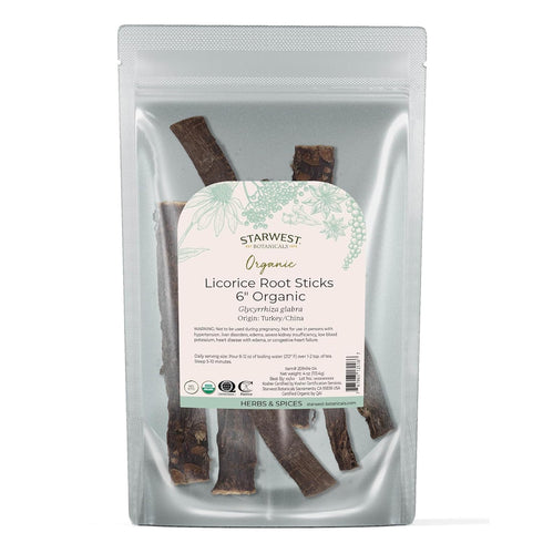 Starwest Botanicals Organic Dried Licorice Root Sticks 6" - 4 oz Pouch, Cut & Sifted, Certified Kosher, Non-GMO