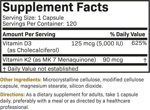 Futurebiotics Vitamin K2 (MK7) with D3 Supplement, 120 Vegetarian Capsules, 5000 IU Vitamin D3 & 90 mcg Vitamin K2 MK-7