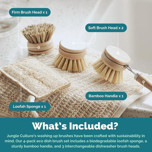 Jungle Culture 4 Piece Bamboo Dish Brush Set for Washing Up • Long Lasting Wooden Dish Brush with 3 Replacement Heads & Loofah Sponge Scourer • Eco Friendly Wooden Scrub Brush for Pots, Pans & Dishes by Jungle Culture