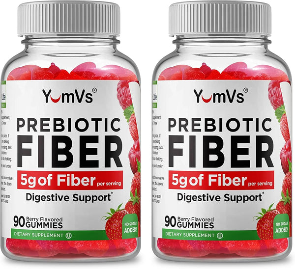 YUM-V'S Prebiotic Fiber Gummies for Adults & Kids, 5g Digestive Aid, Keto Friendly, No Sugar Added (90 Count, Pack of 2)