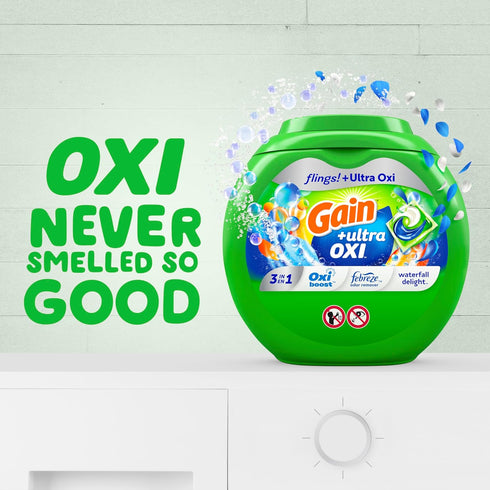 Gain flings Ultra Oxi Laundry Detergent Pacs, 3-in-1 HE Compatible, Waterfall Delight Scent, 76 Count