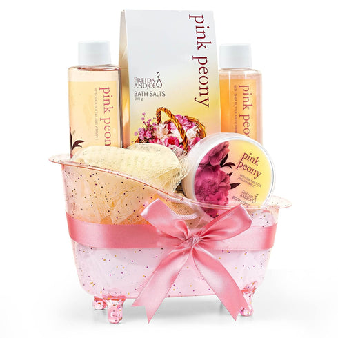 Home Spa Gift Basket Peony Spa Set for Women, Includes Shower Gel, Bubble Bath, Body Lotion, Bath Salt & Puff in Pink