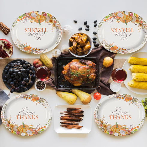Tyzarglef 50Pcs Plates12.5"x10"Large Heavy Duty Thanksgiving Oval Paper Oval Disposable Dinner Platters, Pumpkin Autumn