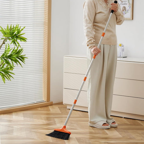 Broom and Dustpan Set, Lightweight Upright Lobby Broom and Dust Pan Combo for Home Kitchen Office (Orange and Black)